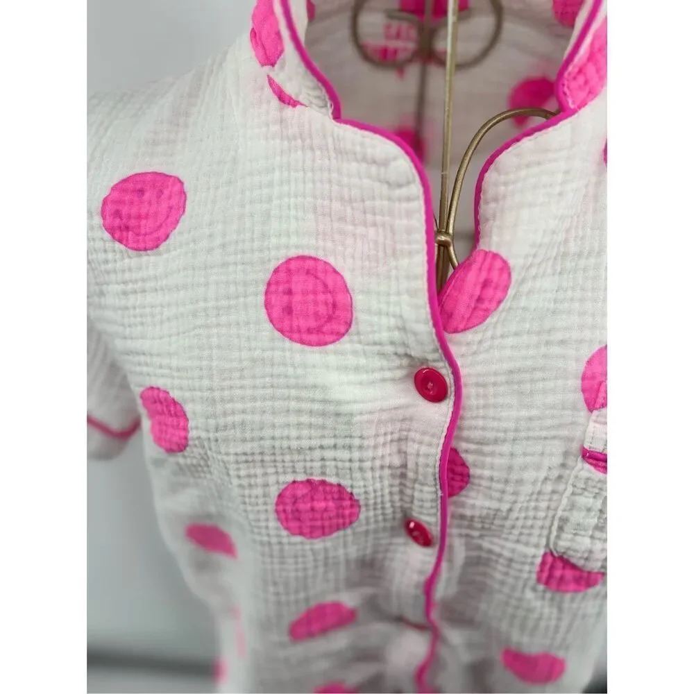 Sassy Shortcake Pink Polka Dot Gauze Pajama Top Button Front Medium